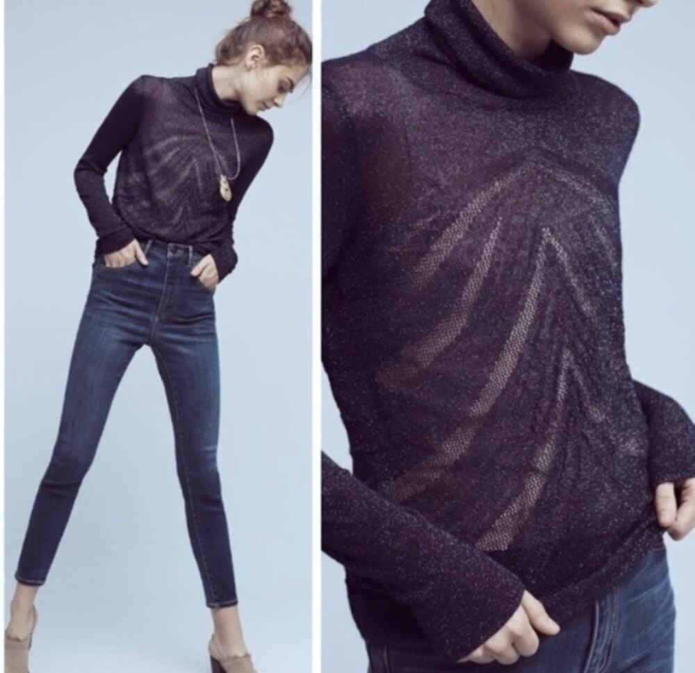 Anthropologie Angel of North Turtleneck Sweater Lightweight Navy Shimmer XS